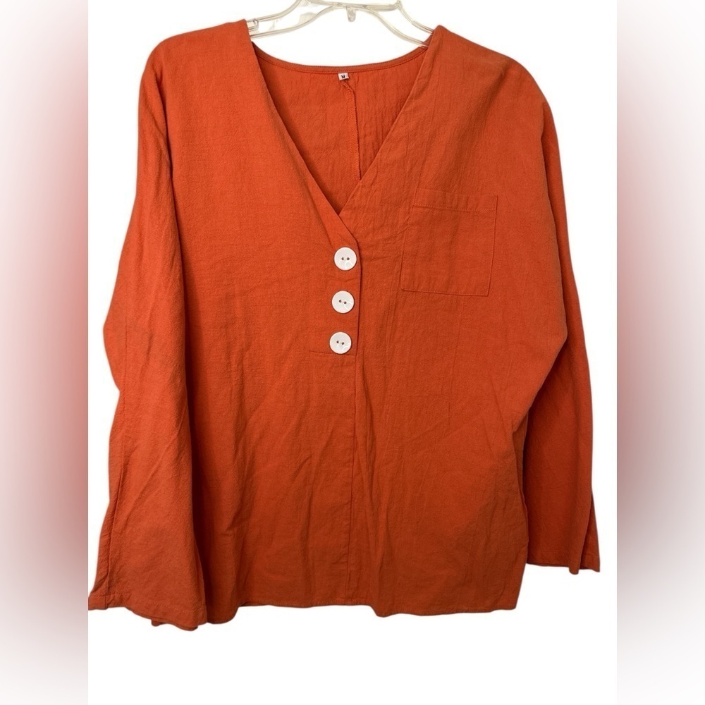 Orange V-Neck Buttoned Women's Top Medium NWOT
